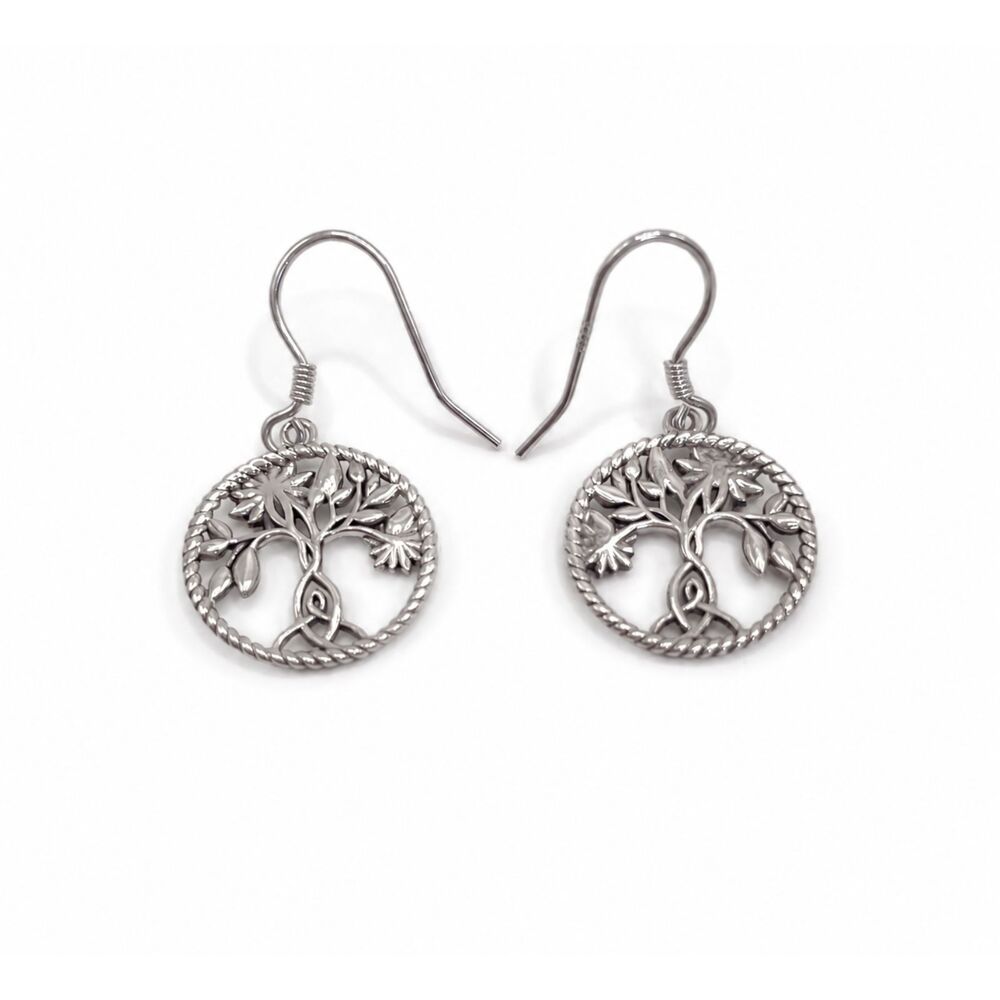Sterling Silver 925 Sunflower Tree of Life Celtic Knot Dangle Earrings - Picture 3 of 5